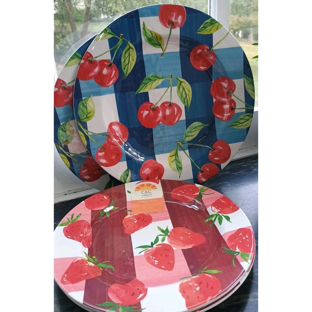 Set Of 4 New C&C California Home Round Melamine Plates 2 Sizes Colorful Fruits